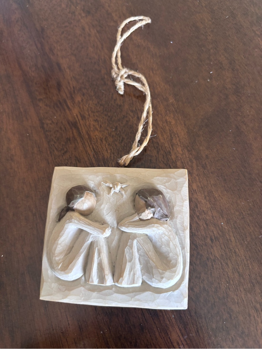 Friendship -Carved Wooden Angel Ornament - Cream and Brown